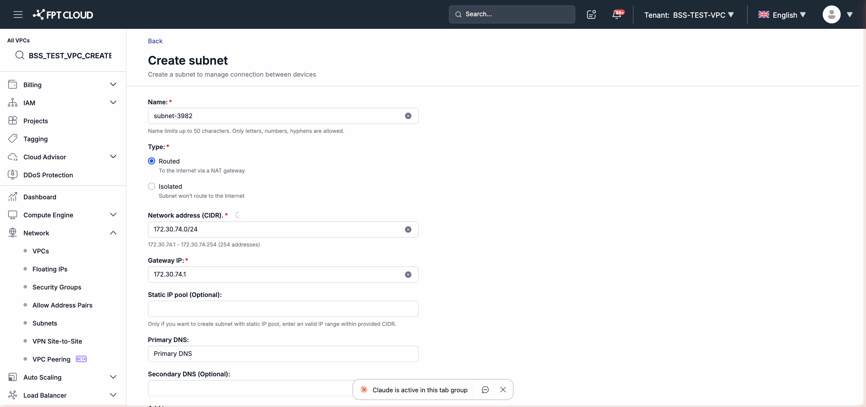Create Subnet Form