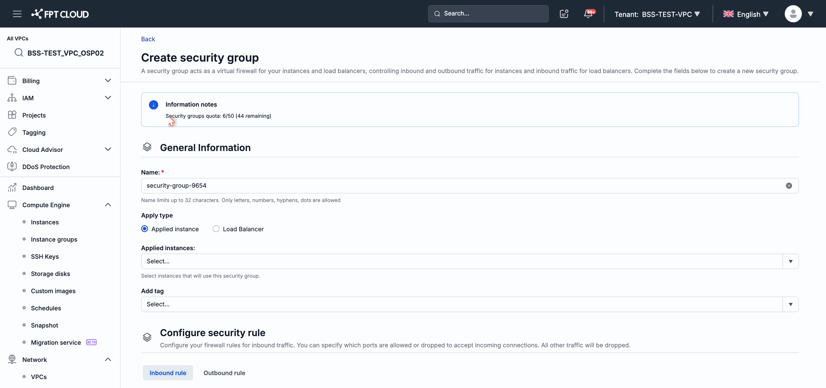 Create Security Group form