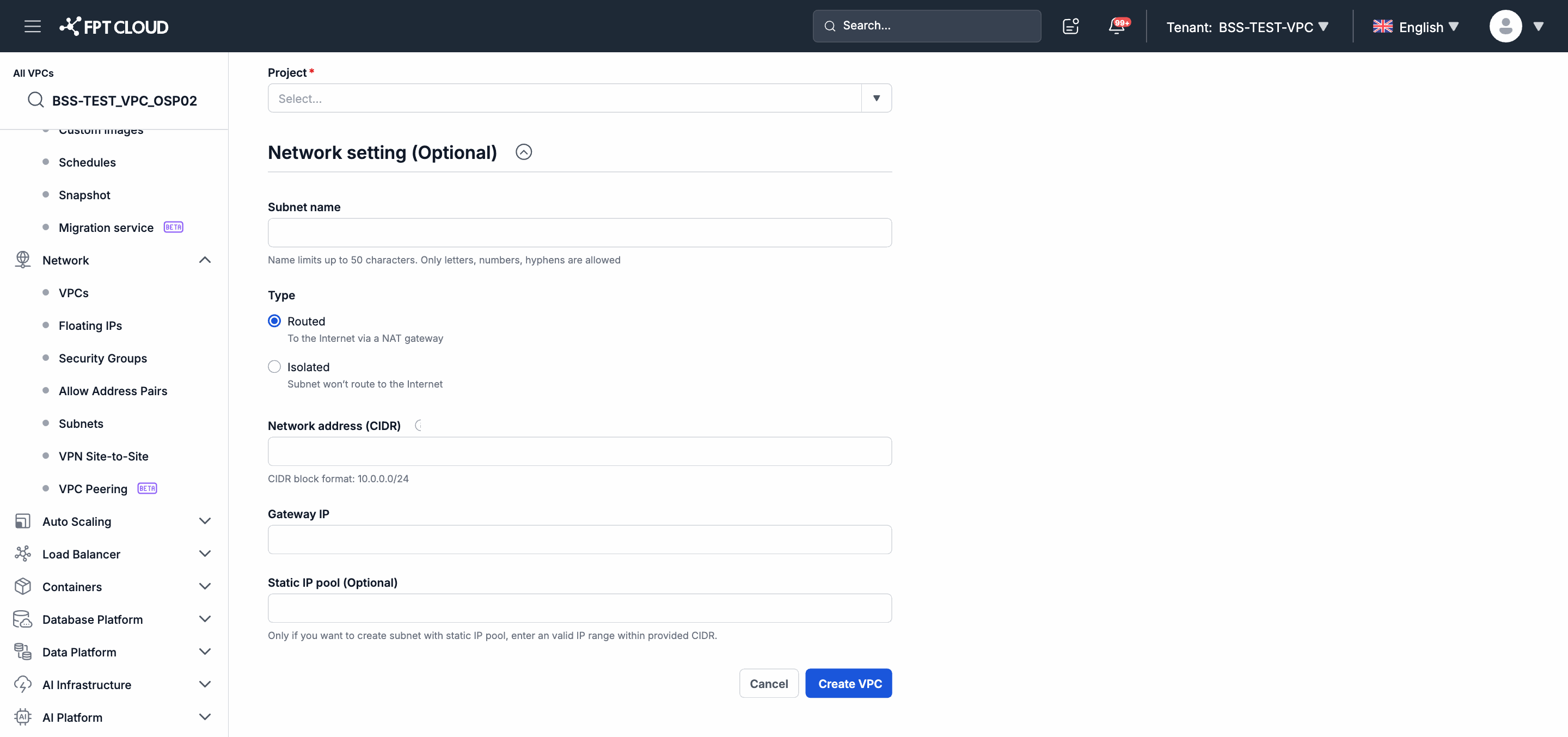 VPC creation form