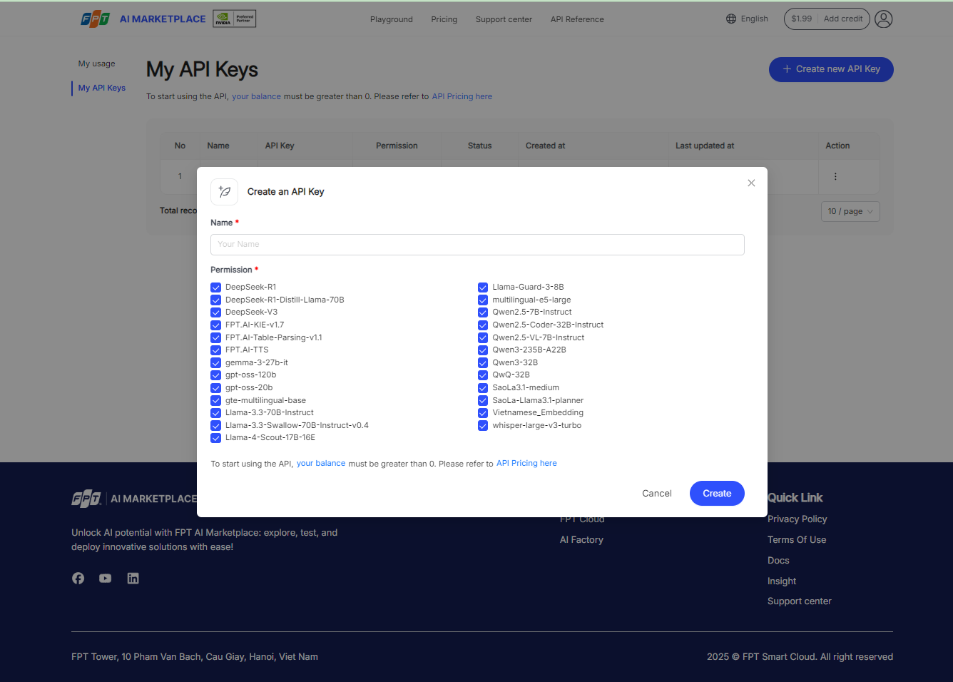 Create API key pop-up showing name input and model selection
