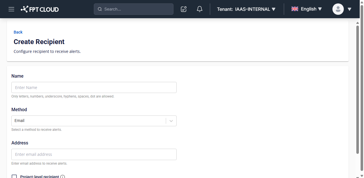 Create Recipient screen with the Name, Method, and Address fields