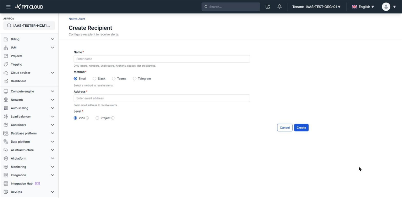 Create Recipient page with the Name, Method, Address, and Level fields