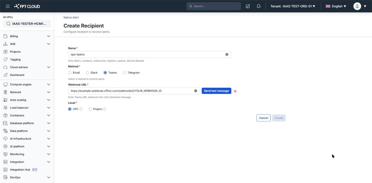 Create Recipient page with Method set to Teams, Webhook URL filled in, and the Send test message button