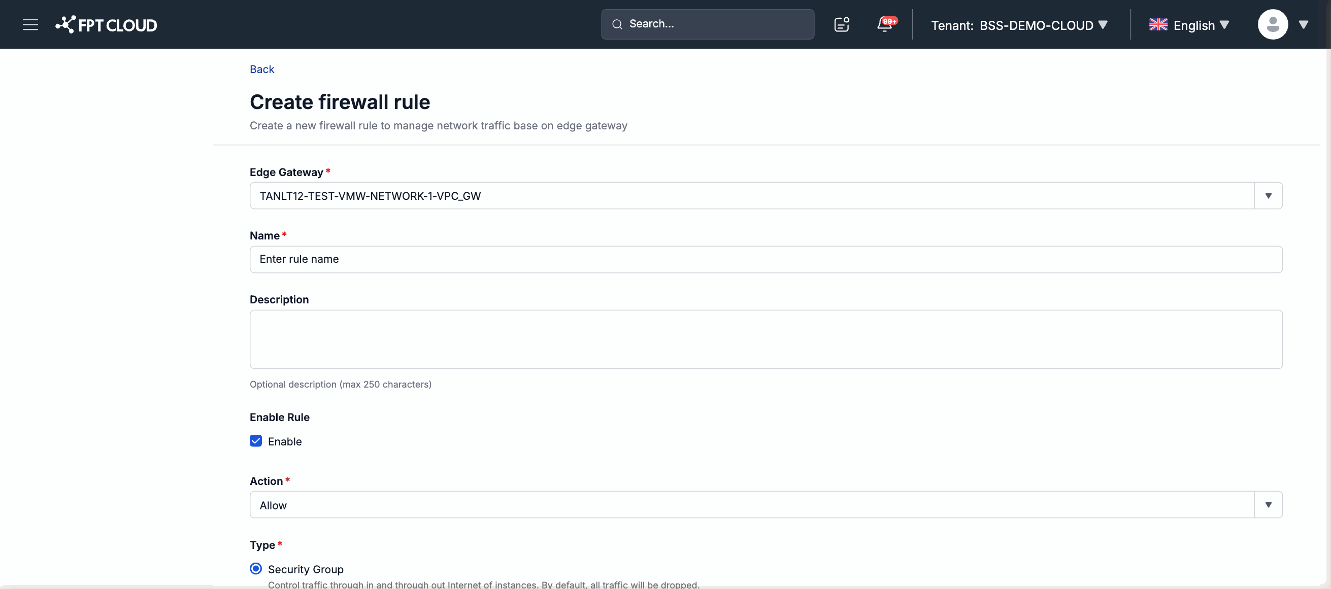 Create Firewall rule form