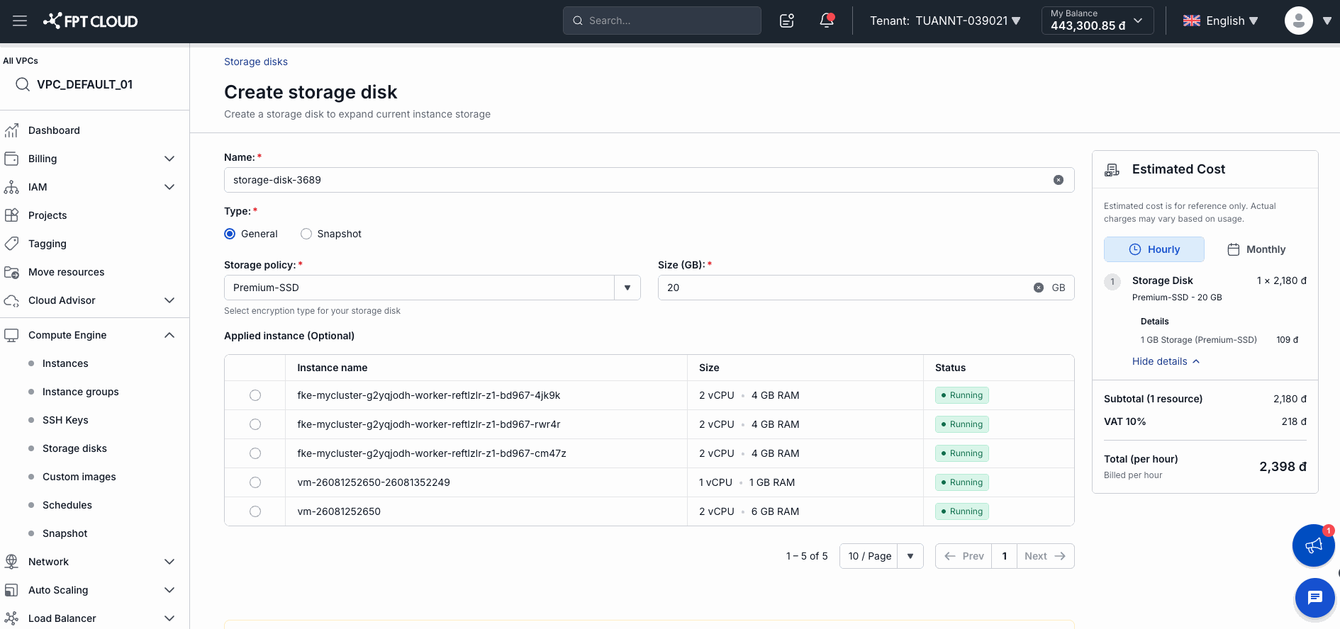 Create storage disk page with Estimated Cost