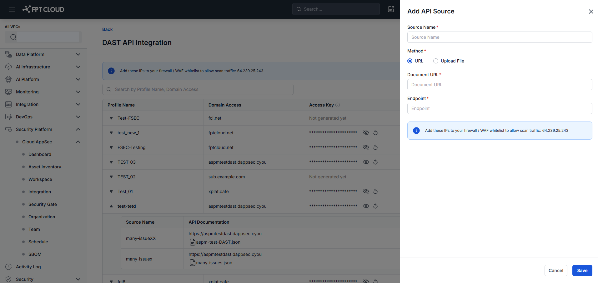 DAST API — Create API Source popup