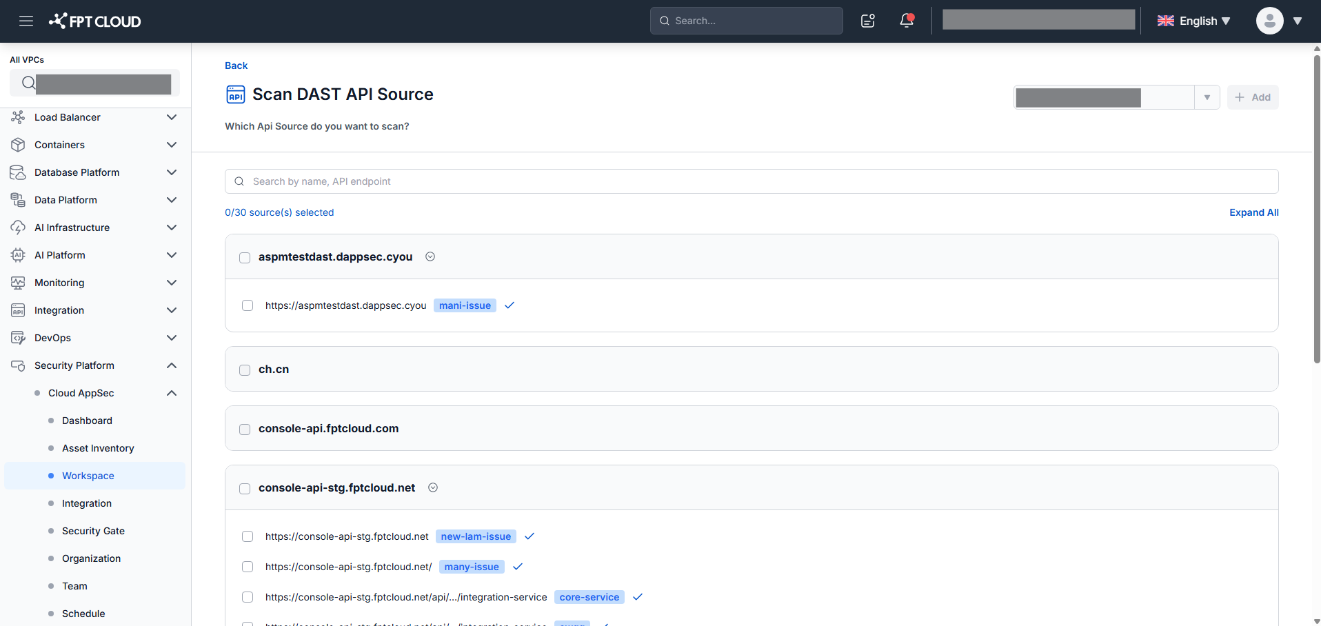 DAST API — Add Asset: select API source