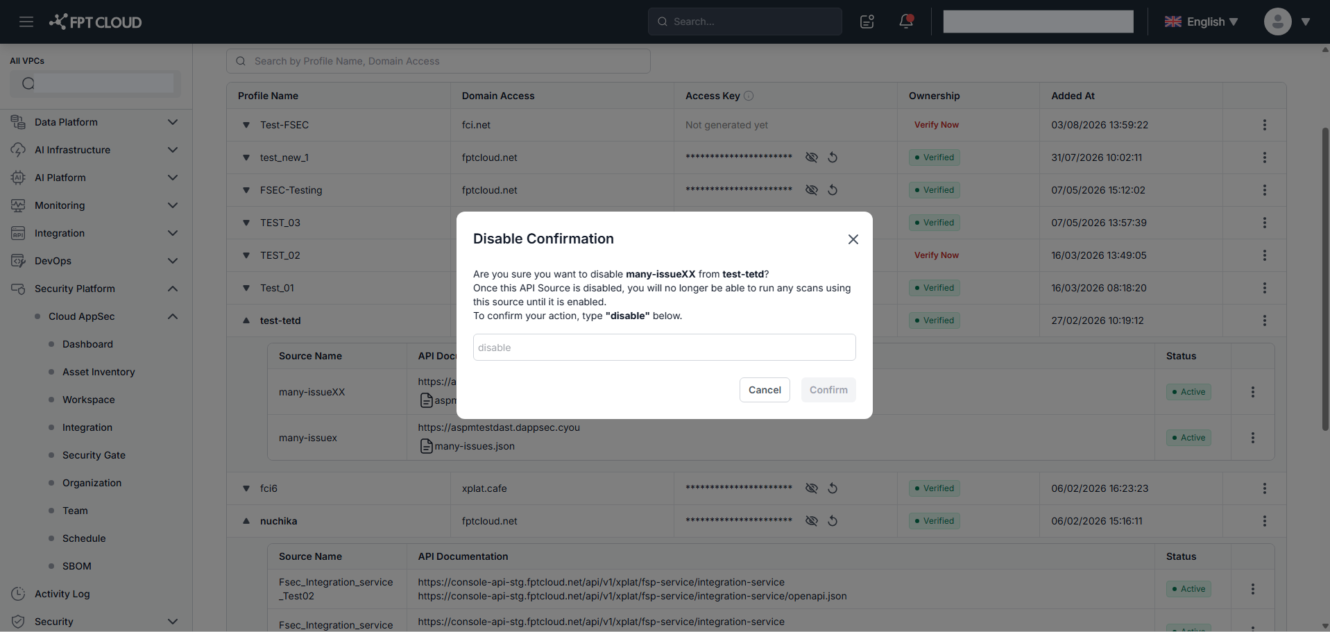 DAST API — API Source list with actions