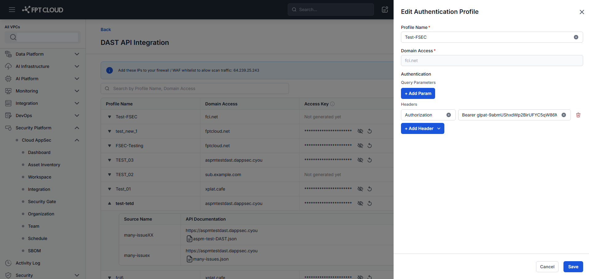 DAST API — Edit Authentication Profile popup