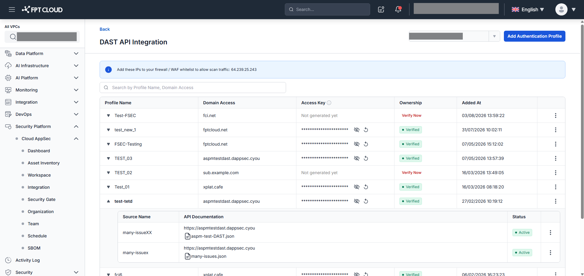 DAST API Integration — authentication profile list