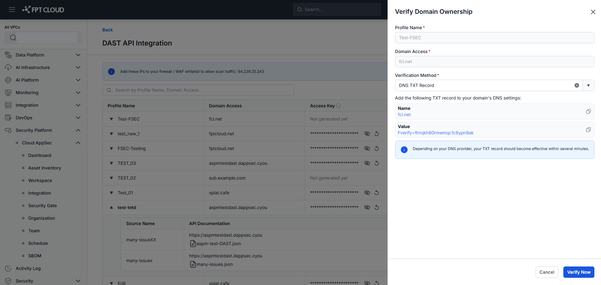 DAST API — Verify Domain Ownership drawer