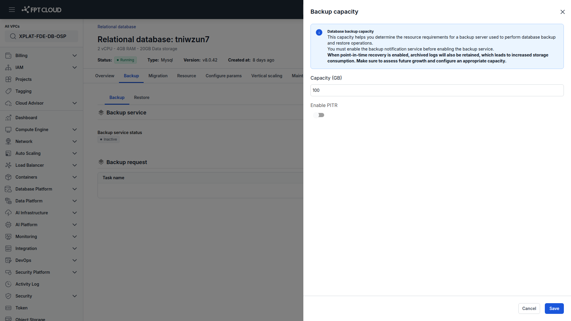 Enable backup dialog with capacity and PITR fields