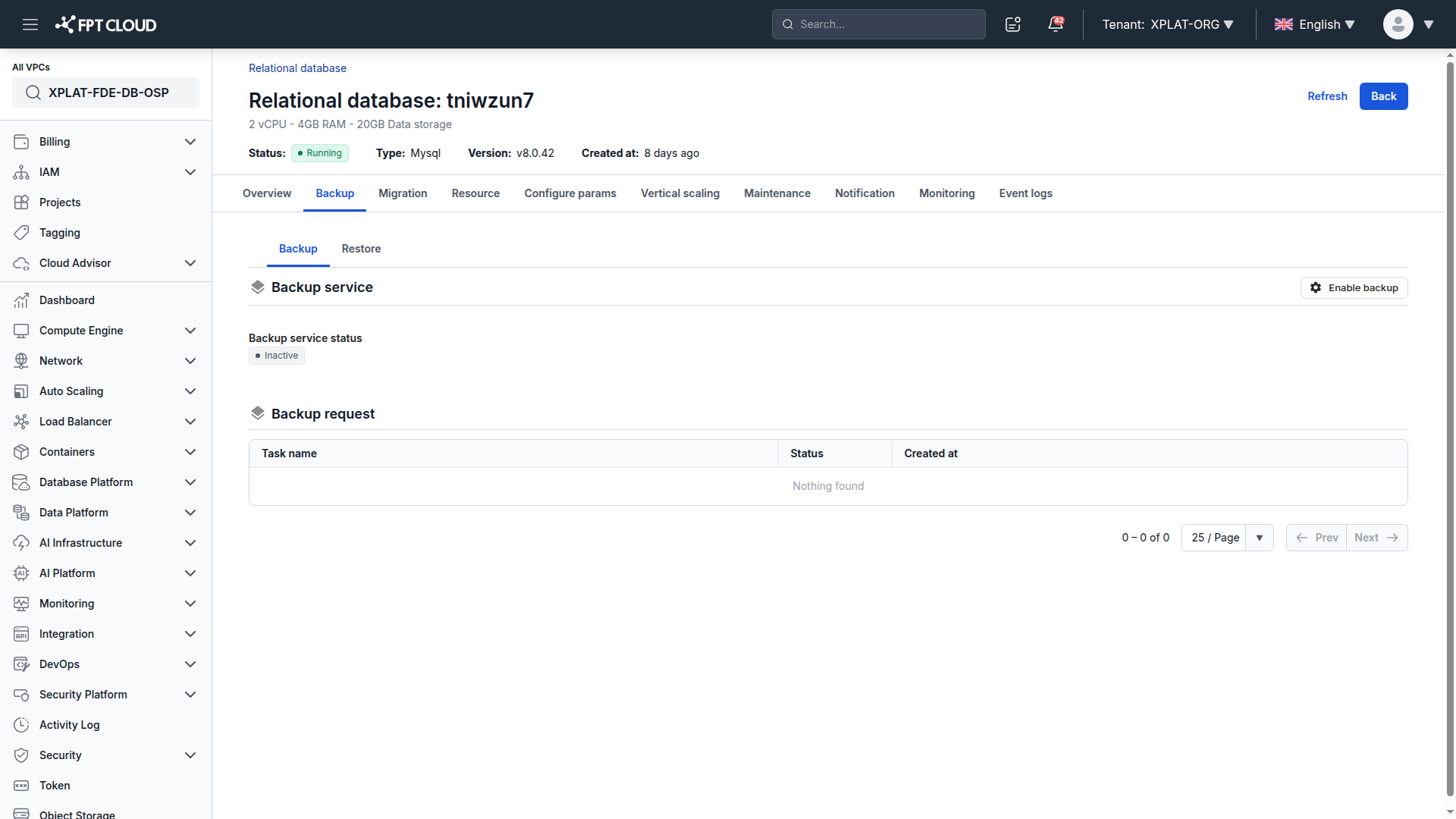 Backup tab showing the backup service in Inactive status