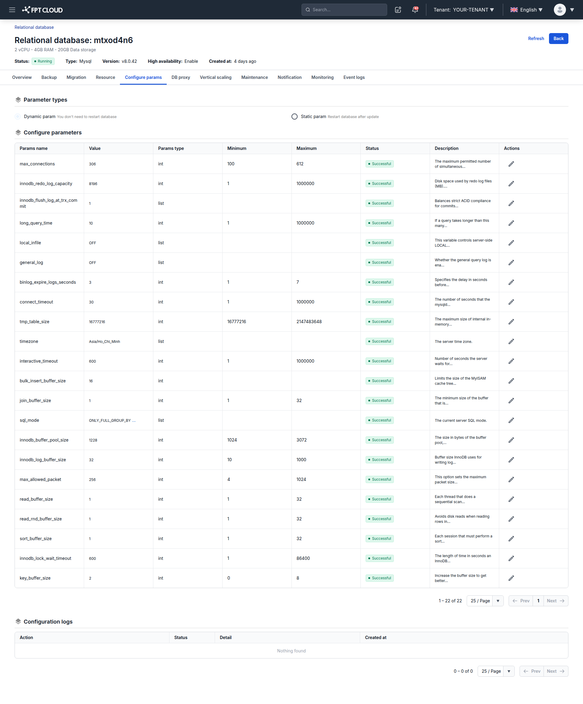 Parameter management page listing dynamic and static parameters