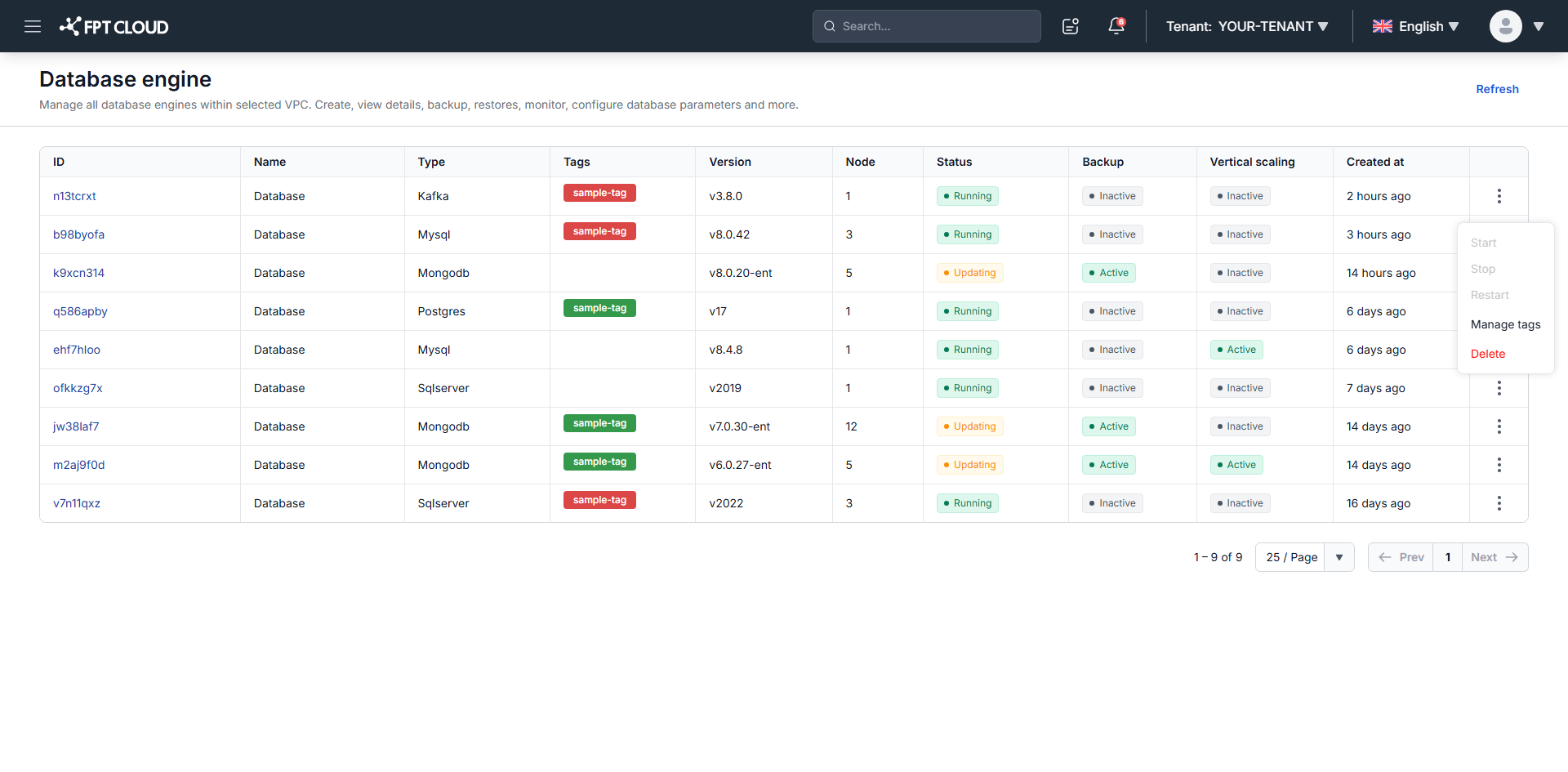 Database cluster list with the More actions menu open
