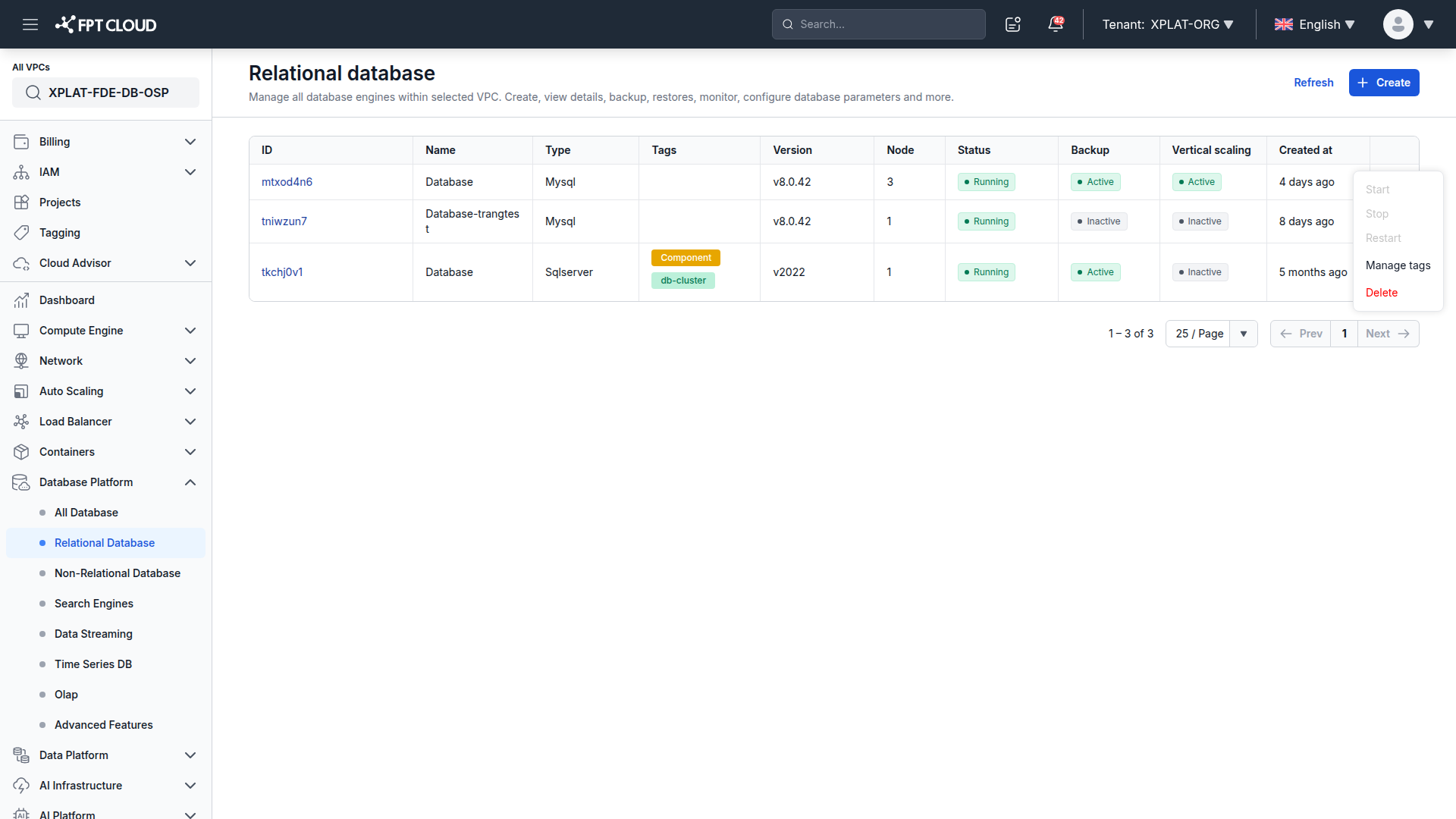 Database cluster list with the More actions menu open