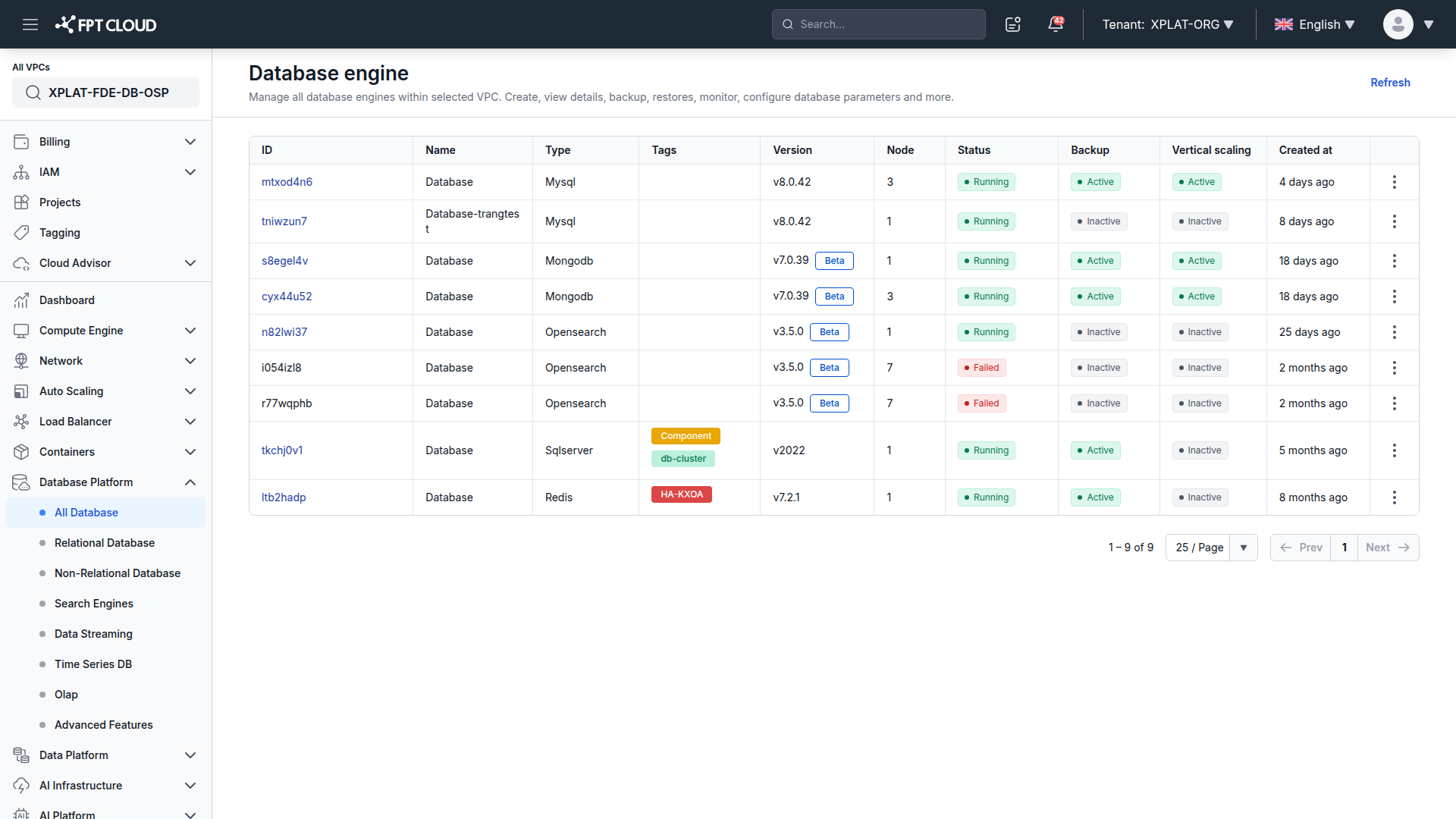 Database list showing the new cluster running