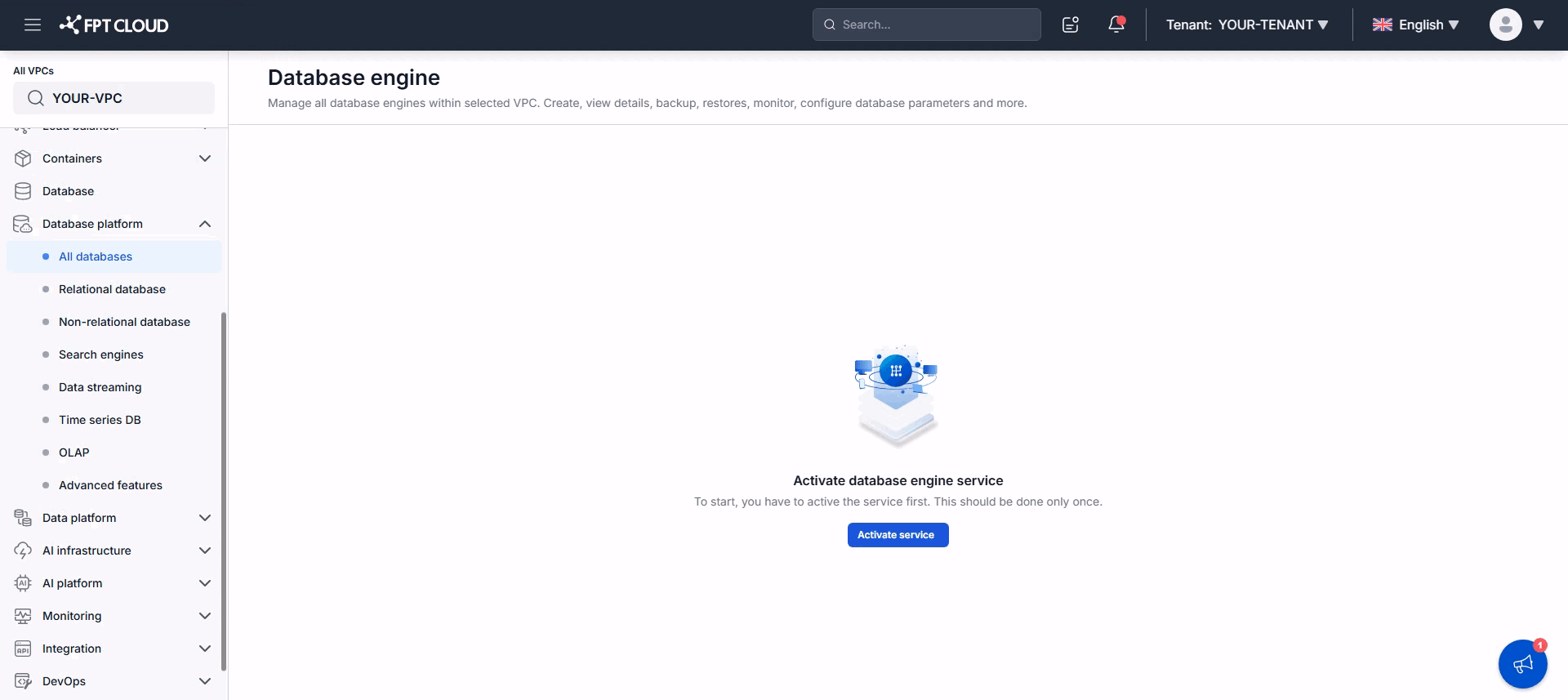 Empty database cluster list with a provisioning option