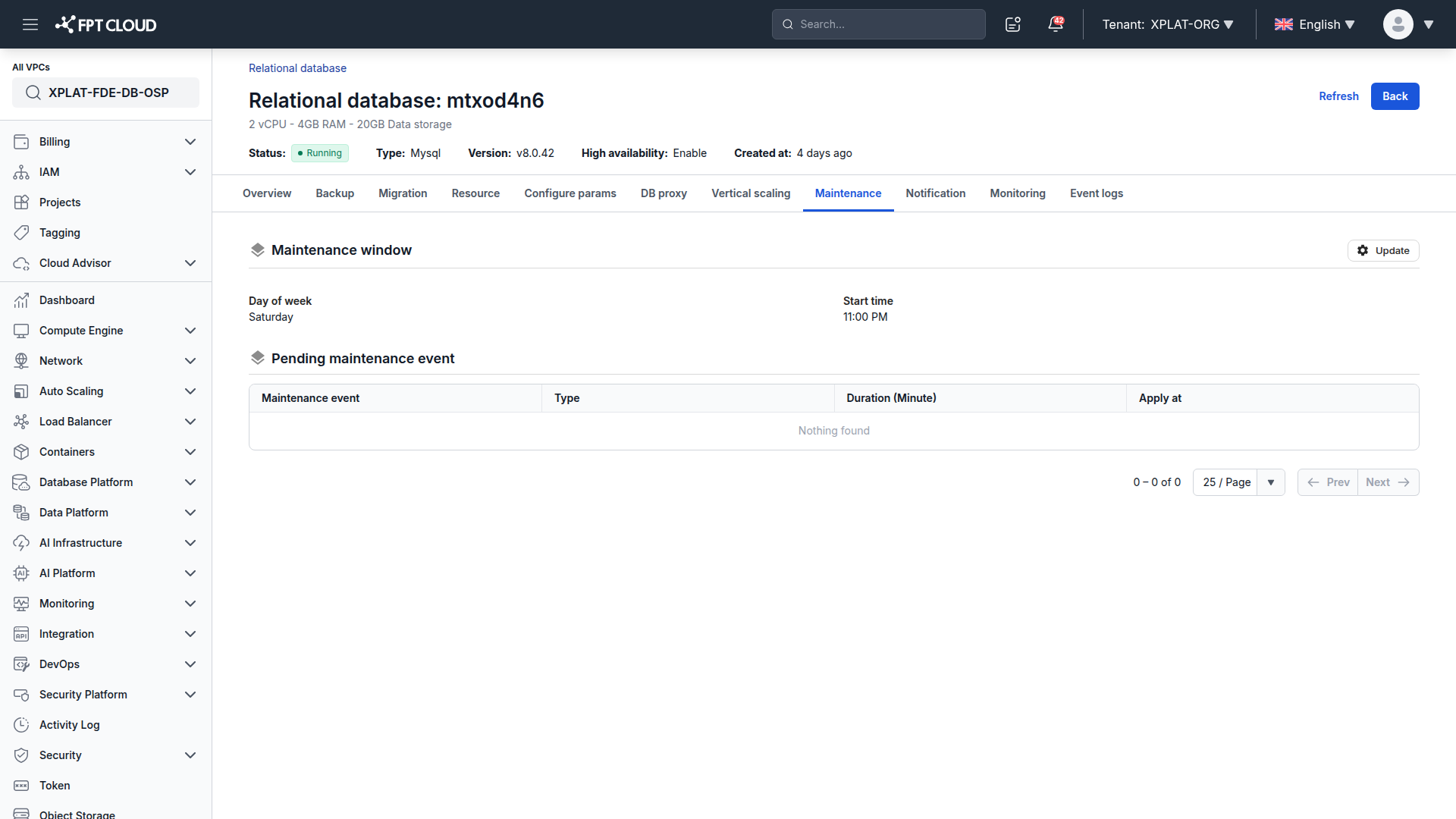 Maintenance tab showing the configured window