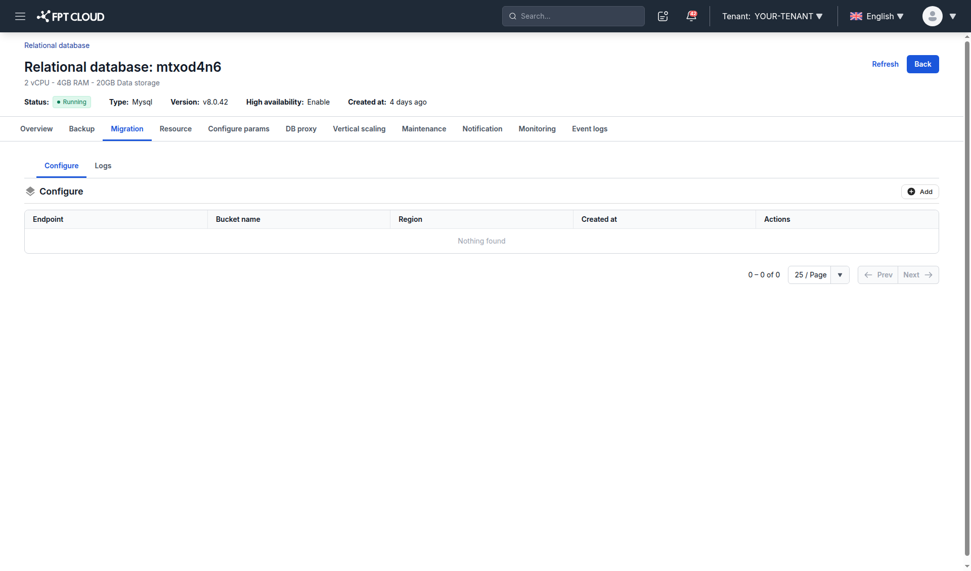 Migration tab showing S3 configurations and logs