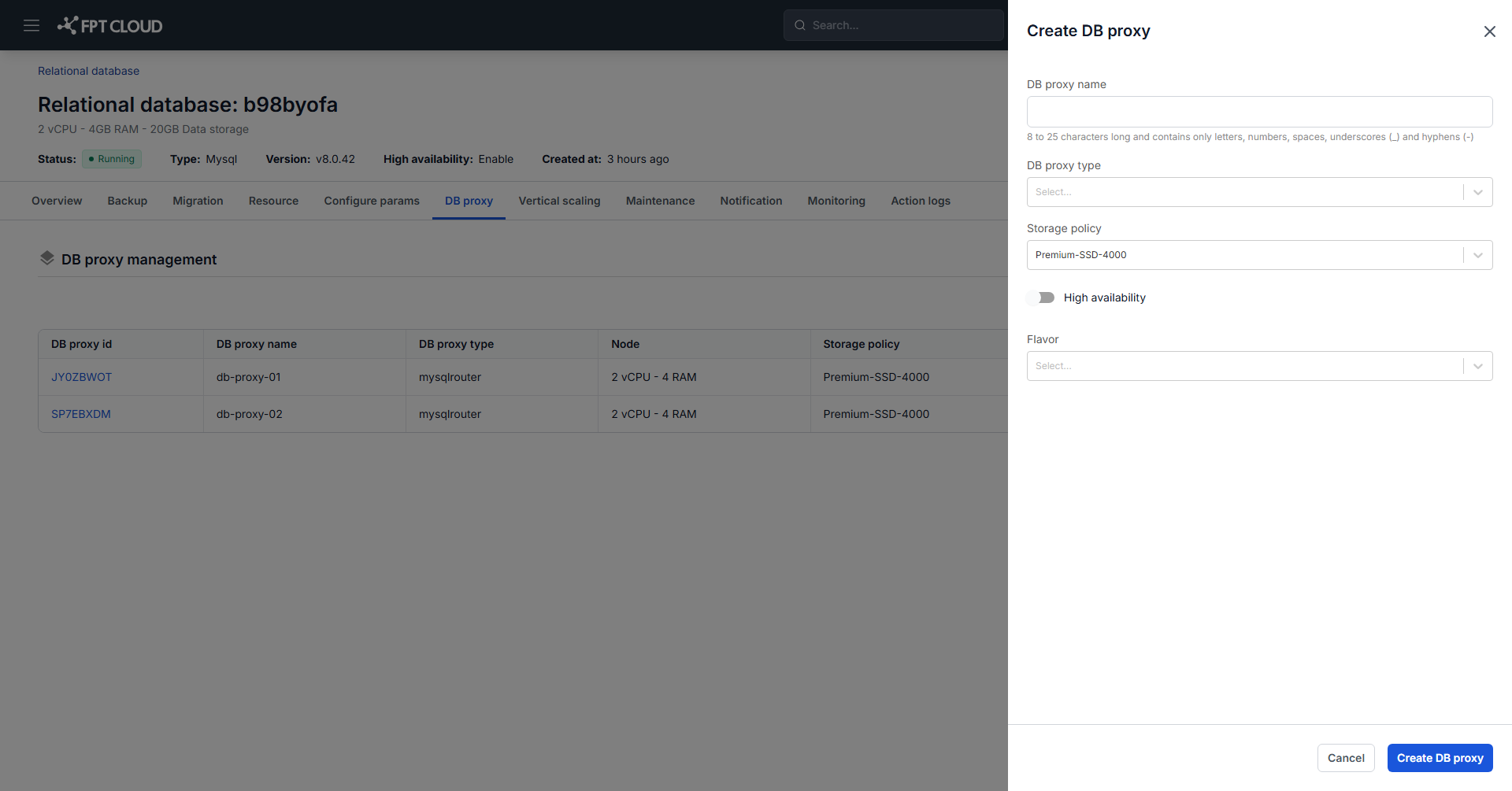 Create DB Proxy dialog with name, type, storage policy, and flavor