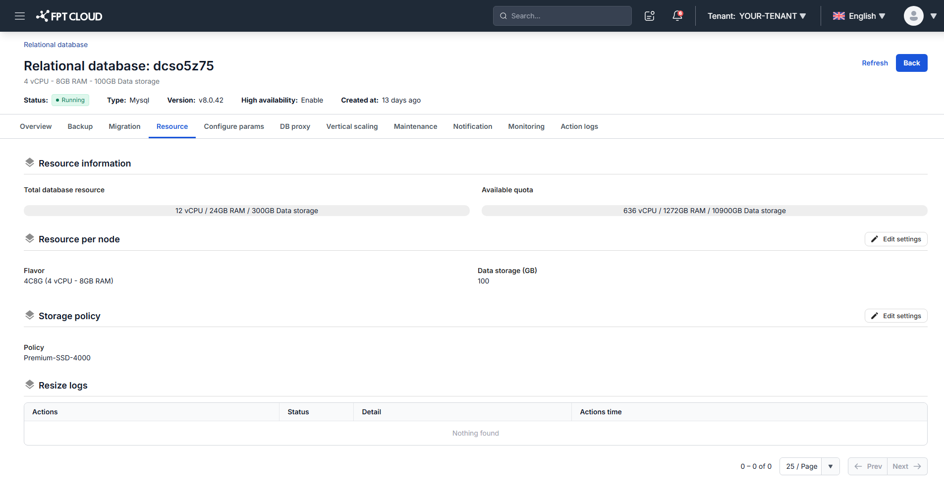 Resource tab showing current and available resources