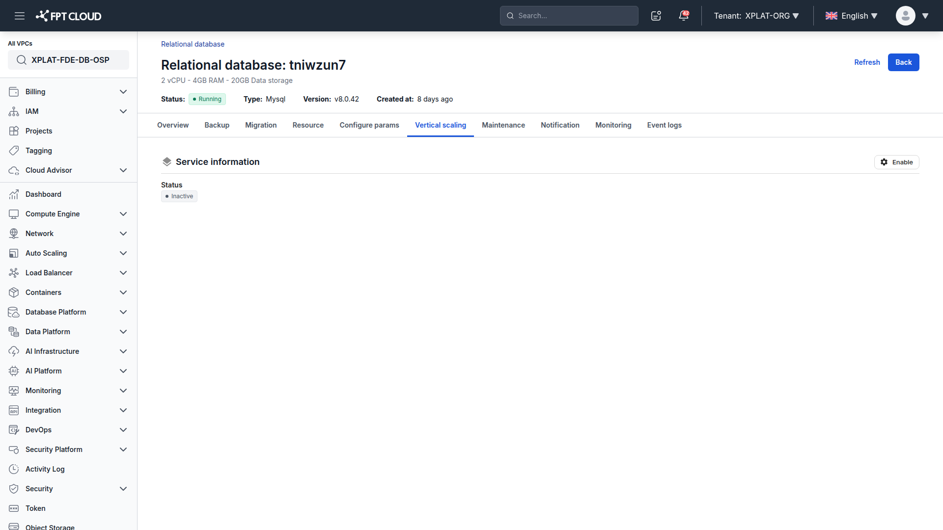 Vertical scaling tab in Inactive status