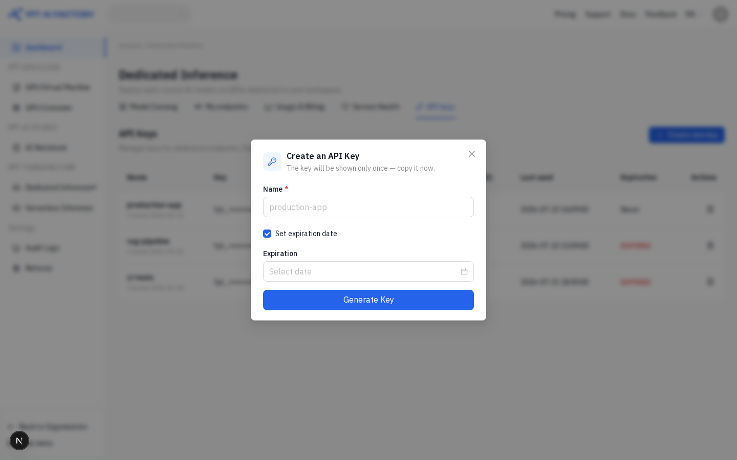 Create an API Key dialog