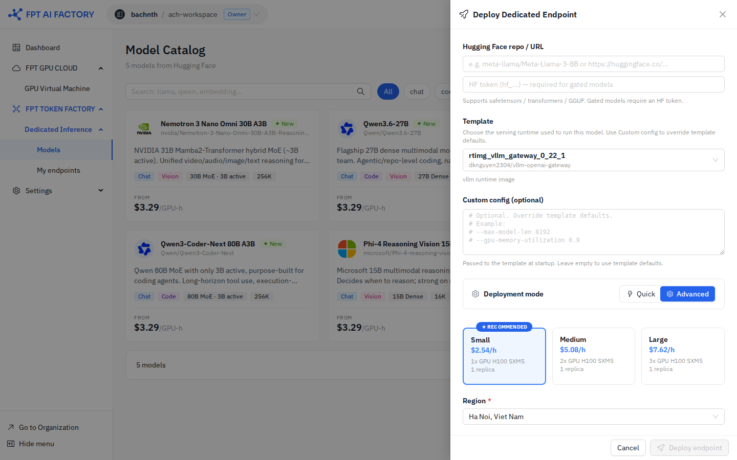 Deploy Dedicated Endpoint — Advanced mode