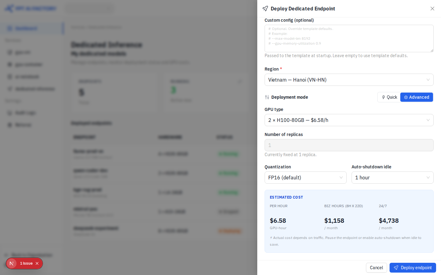 Deploy Dedicated Endpoint — Advanced mode