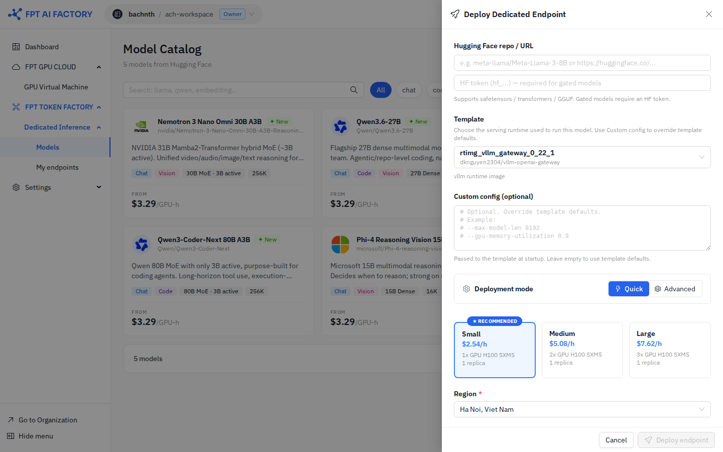 Deploy Dedicated Endpoint modal