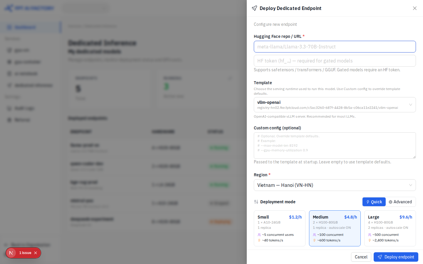 Deploy Dedicated Endpoint modal
