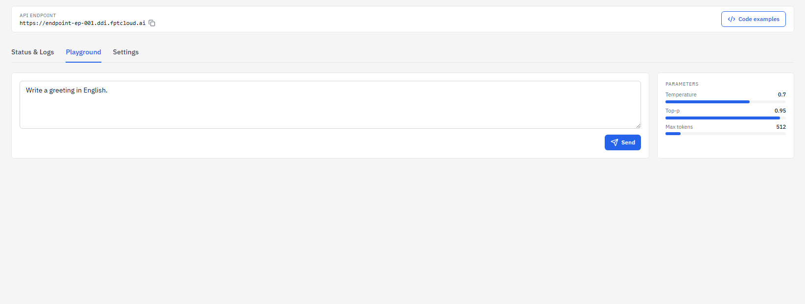 Endpoint detail page — Playground tab with prompt input and parameters panel