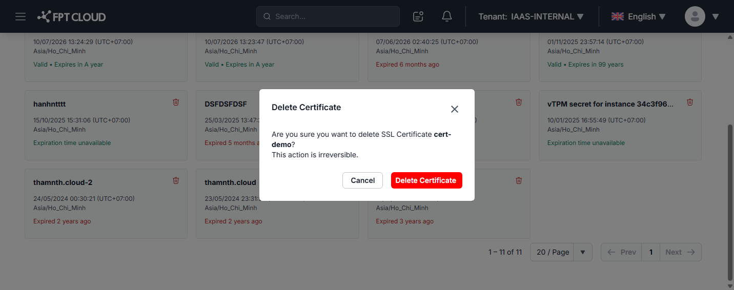 Confirm SSL certificate deletion