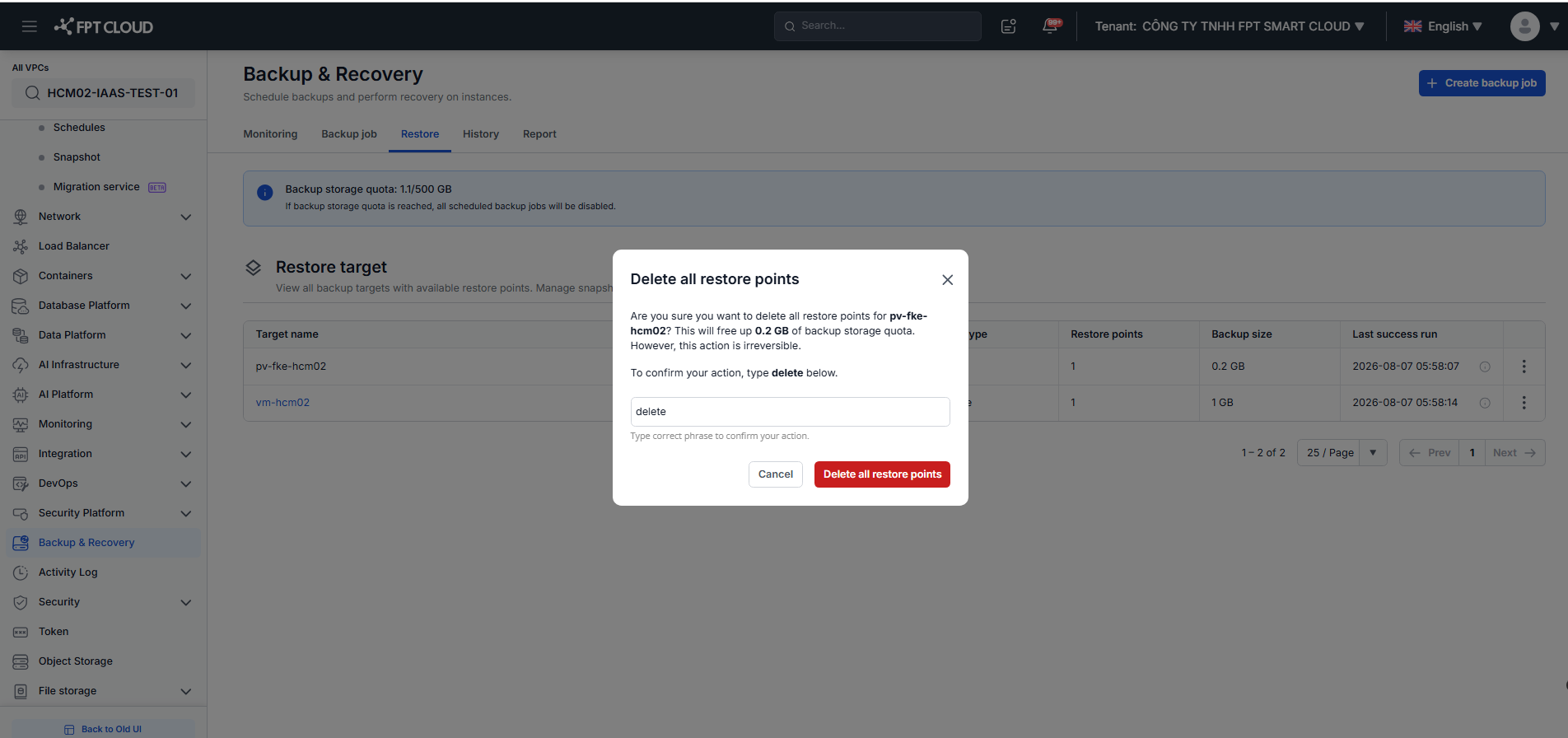 Confirm delete all restore points