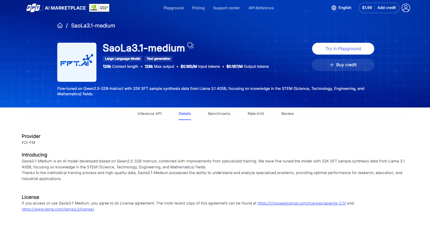 Model detail page with benchmark results and inference sample code
