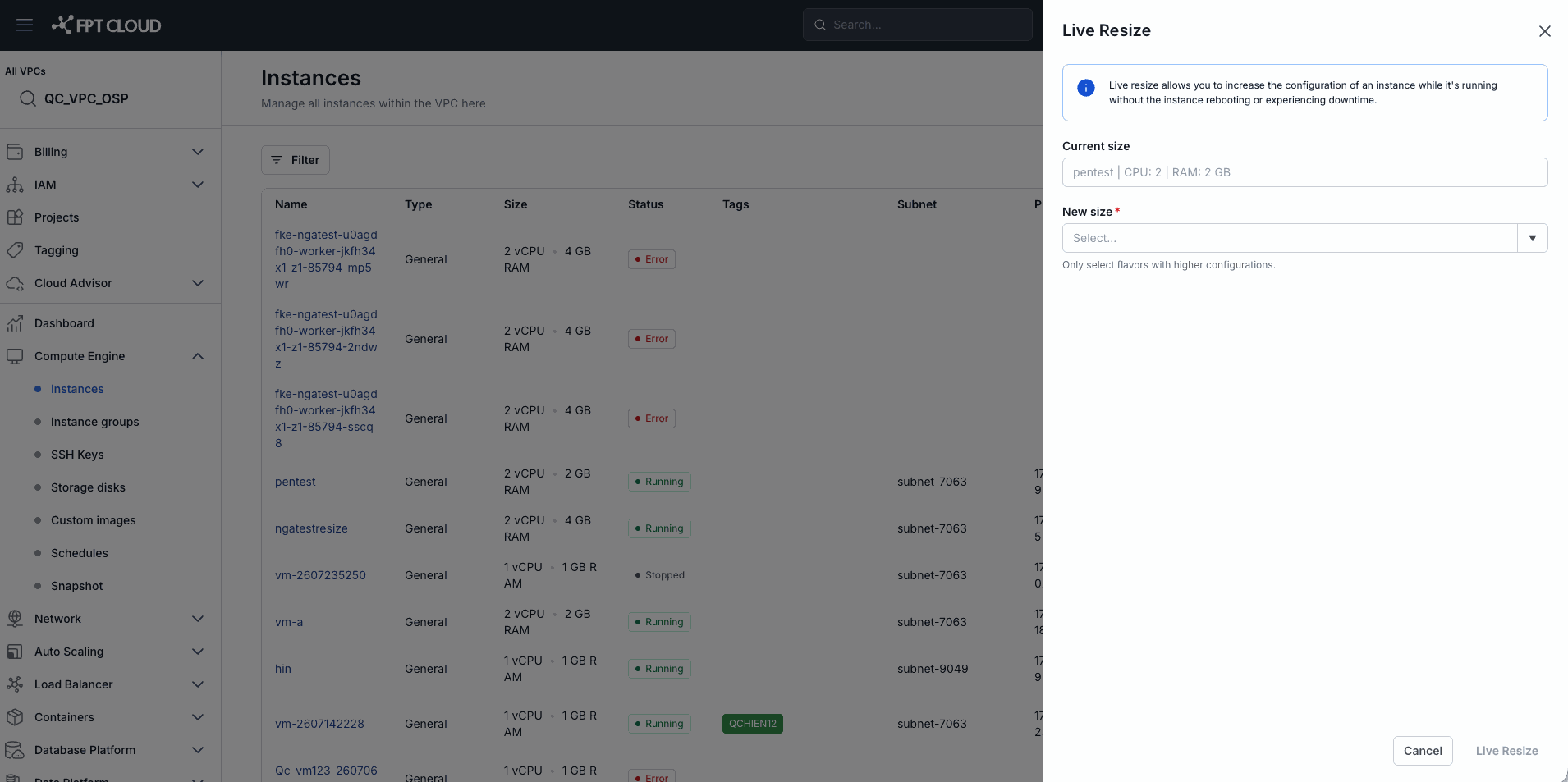 Live Resize dialog — showing the current Flavor and the list of valid upgrade Flavors