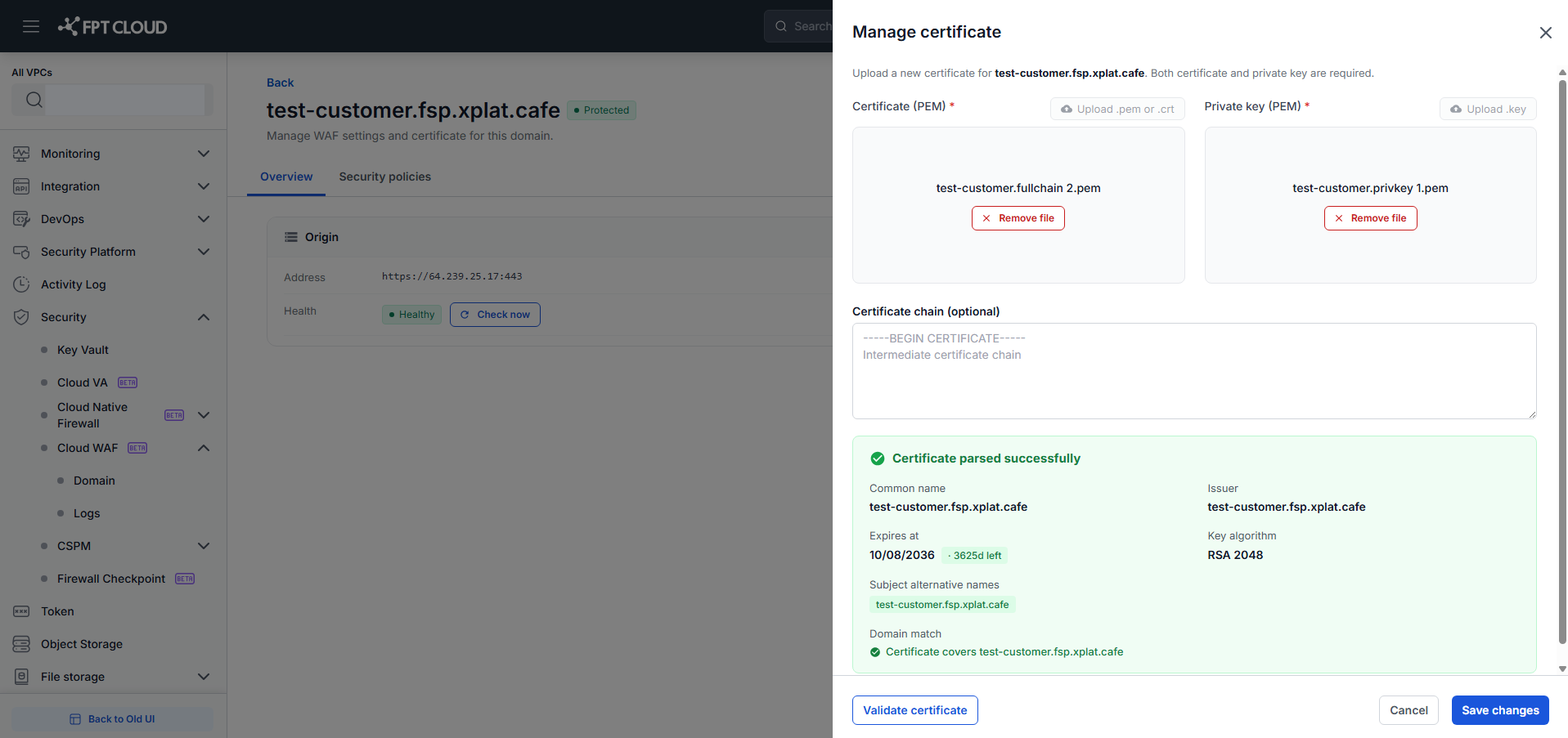 Manage Certificate — certificate metadata after validation