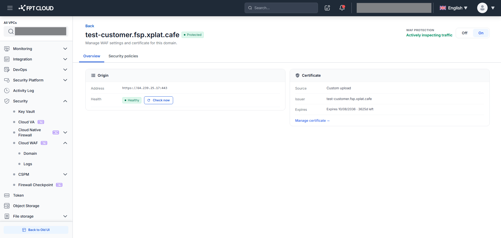Domain Details — Overview tab with WAF toggle, origin card, and certificate card