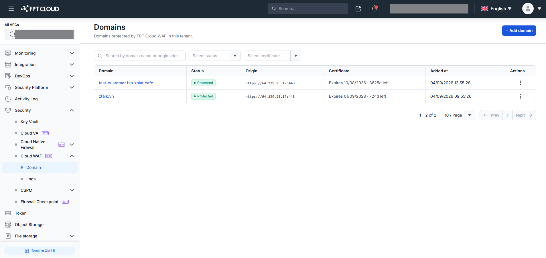 Domain list — status badges and certificate status