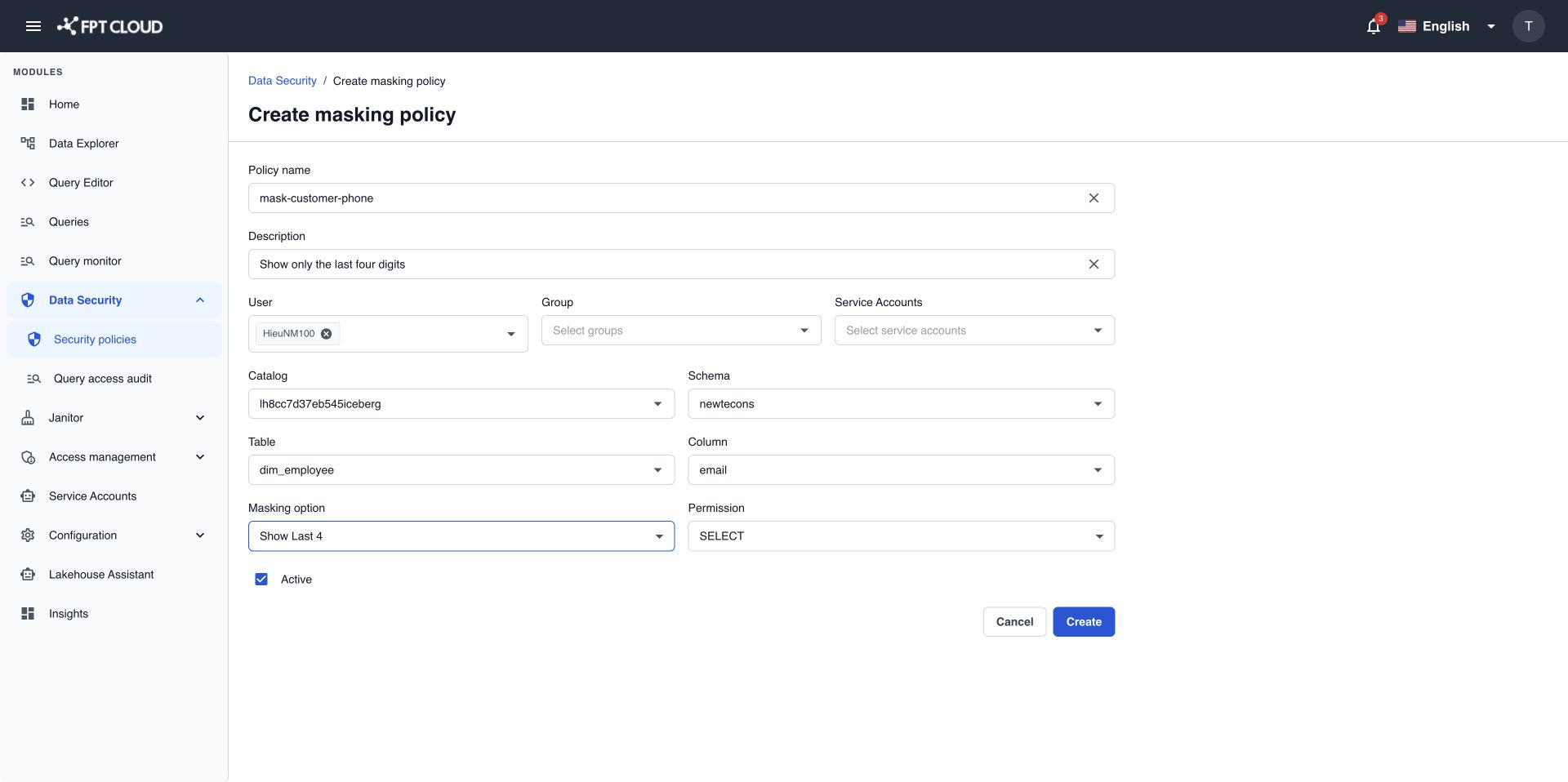 Create masking policy form with a column and a masking option selected