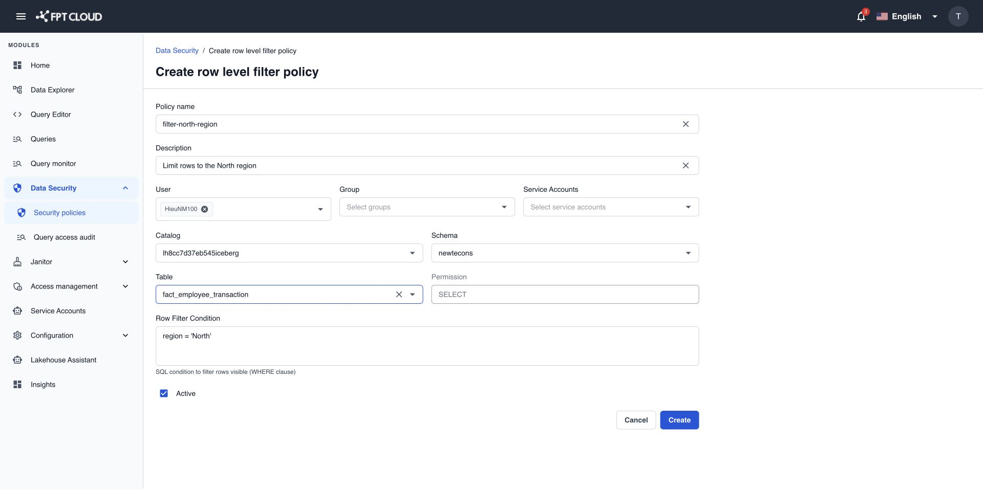 Create row level filter policy form with a row filter condition filled in