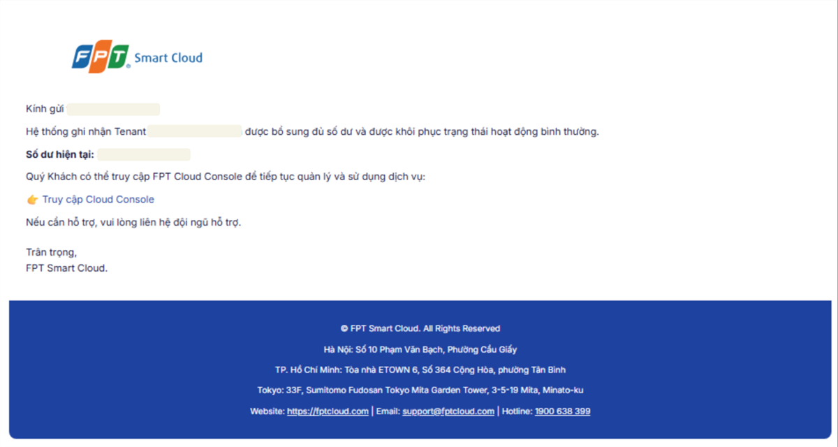 Service recovery email confirming the account is restored to normal operation