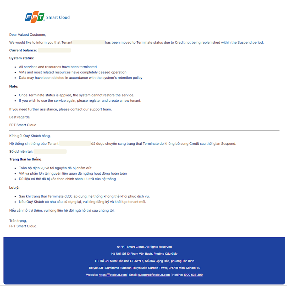 Service Terminated email