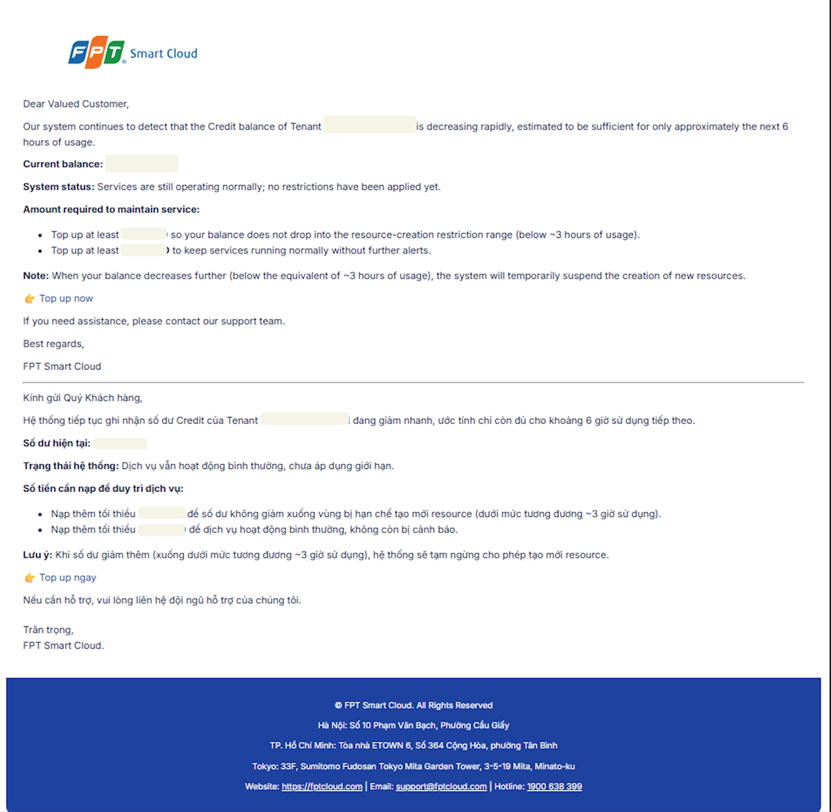 Warning level 2 email — reminder, about 6 hours of usage left