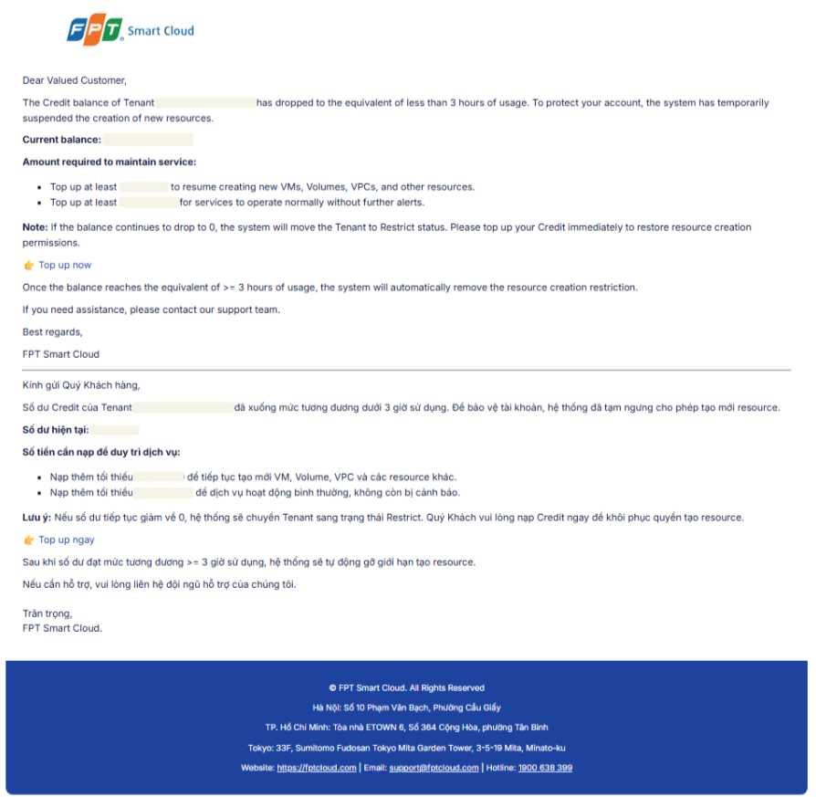 Warning level 3 email — less than 3 hours of usage, resource creation paused