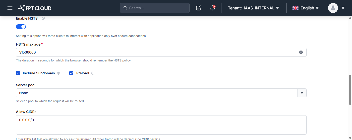 Enable HSTS with the HSTS max age, Include Subdomain, and Preload fields