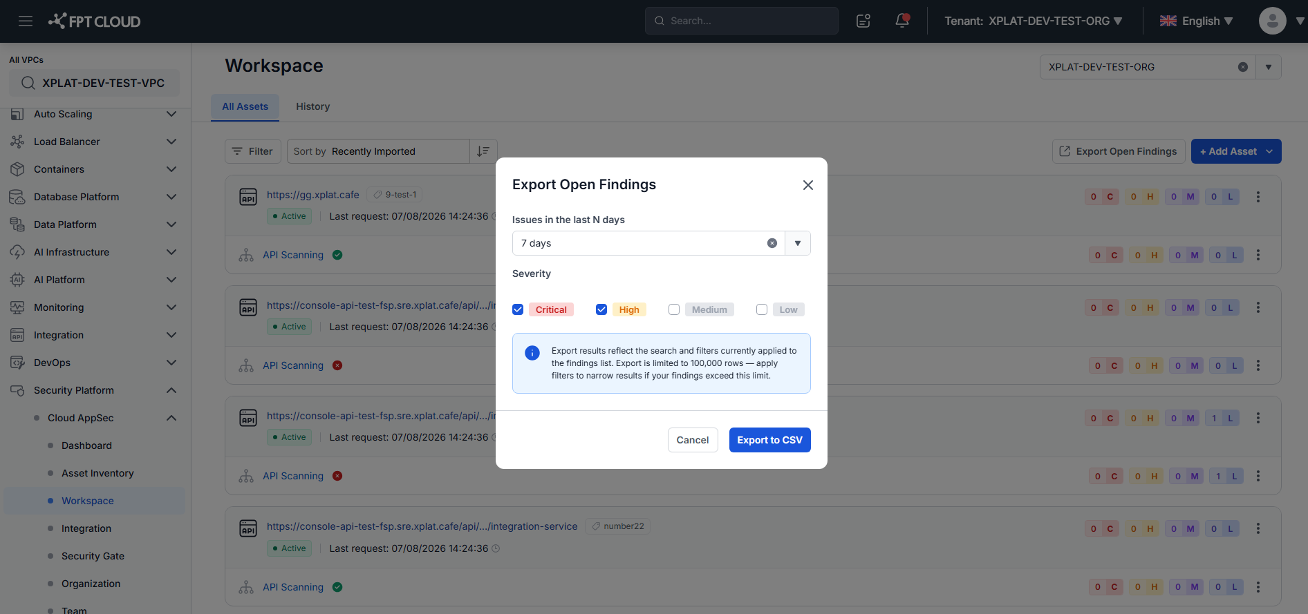Export Open Findings dialog