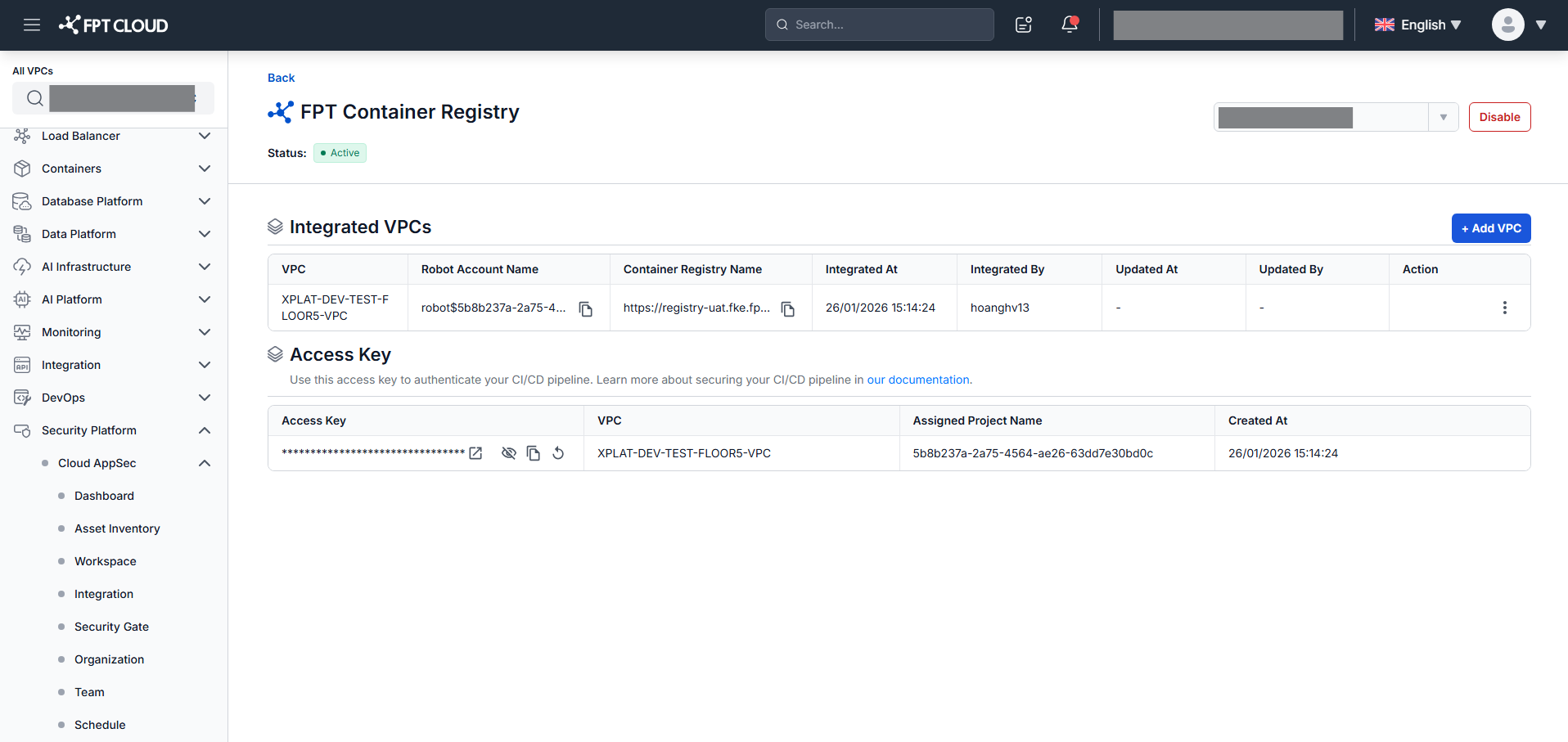 FPT Container Registry — integration view with VPC list