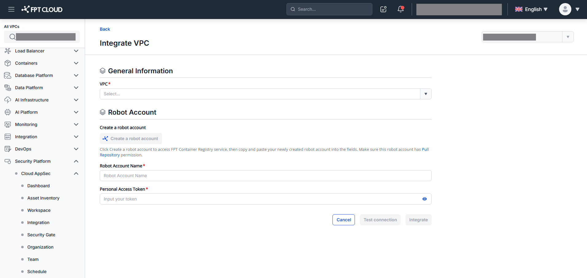 FPT Container Registry — Add VPC and Reconfigure actions